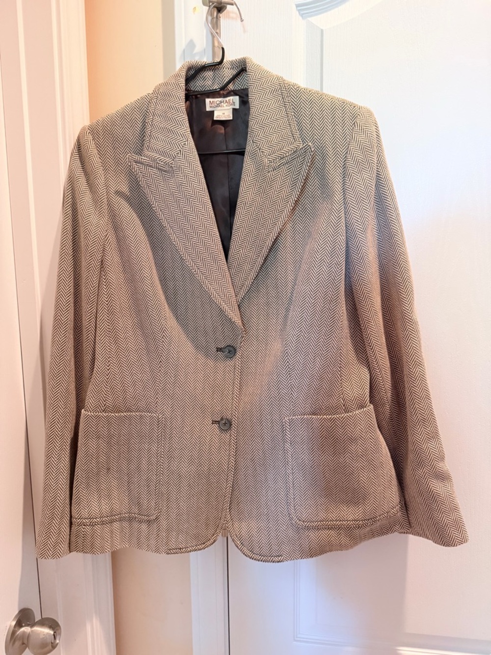Michael Kors Beige Vintage Herringbone Knot Notch-Lapel Cotton Blazer Size 14